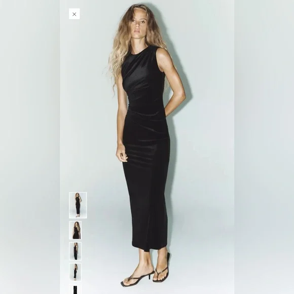 Zara - Velvet Midi Dress - S - Black - Women